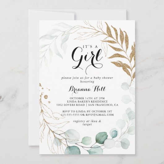 Rustiek Goud Bloemen Het is een Meisje Baby shower Kaart (Voorkant)