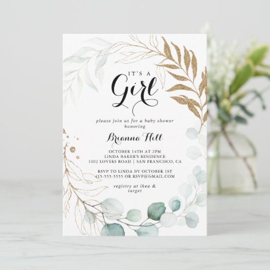 Rustiek Goud Bloemen Het is een Meisje Baby shower Kaart (Staand voorkant)