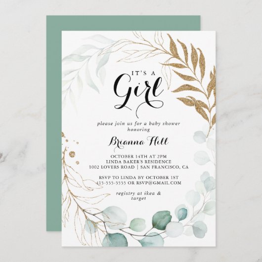 Rustiek Goud Bloemen Het is een Meisje Baby shower Kaart (Voorkant / Achterkant)