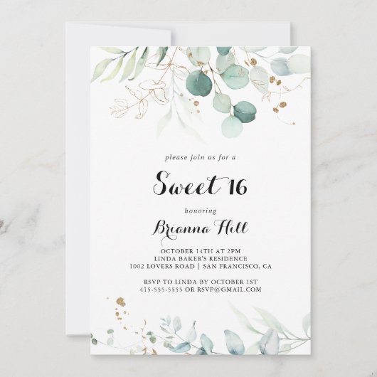 Rustiek Goud Bloemen Zoet 16 Verjaardagsfeest Kaart (Voorkant)