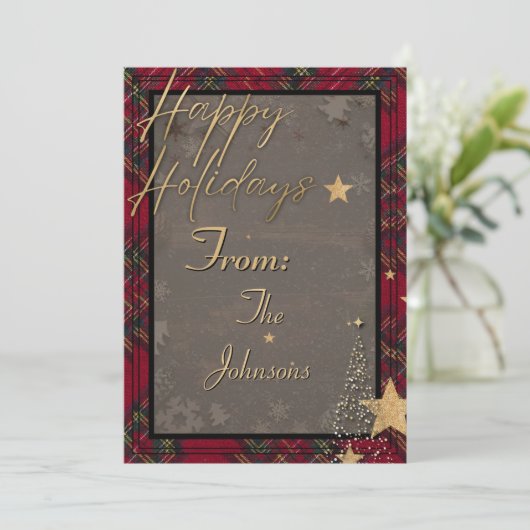 Rustiek Goud Elegant Rood Plaid Kerst Kaart (Staand voorkant)