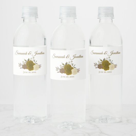 Rustiek Goud & Gele Rozen Elegant Bruiloft Waterfles Etiket (Flessen)