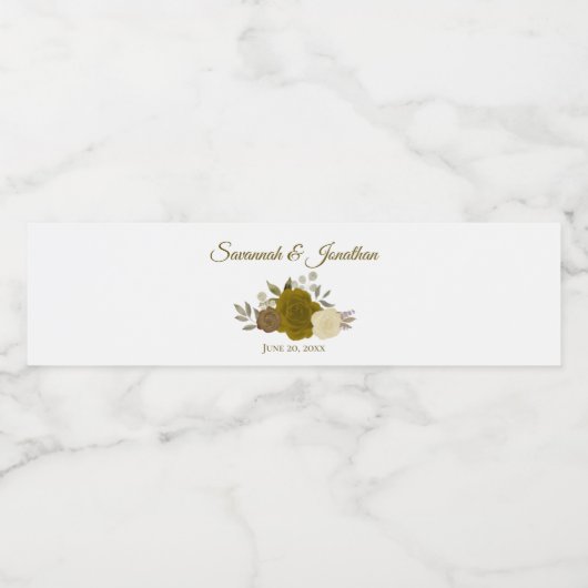 Rustiek Goud & Gele Rozen Elegant Bruiloft Waterfles Etiket (Enkel label)