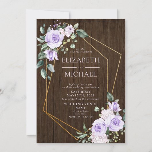 Rustiek Goud Geometrische Lila Bloemenhouten Foto Kaart (Voorkant)