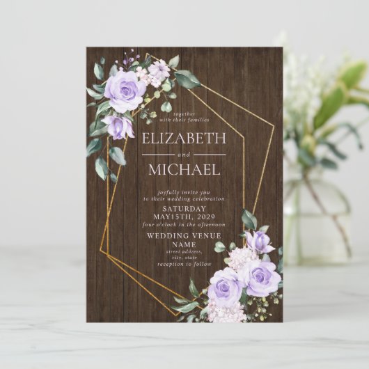 Rustiek Goud Geometrische Lila Bloemenhouten Foto Kaart (Staand voorkant)