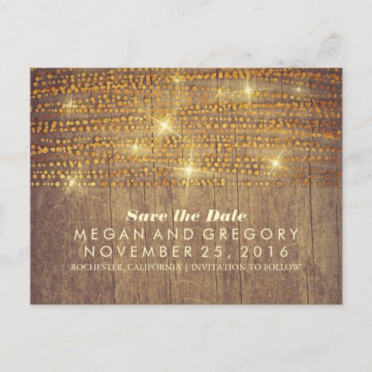 Rustiek Goud Glitter confetti Lampjes Sla de datum Aankondigingskaart (Voorkant)