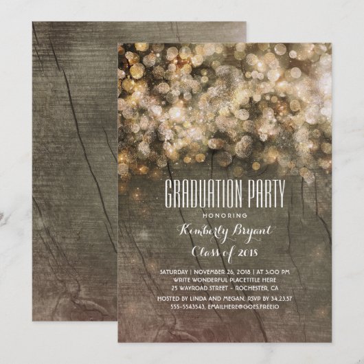 Rustiek Goud Glitter Lights Hout Graduation Party Kaart (Voorkant / Achterkant)
