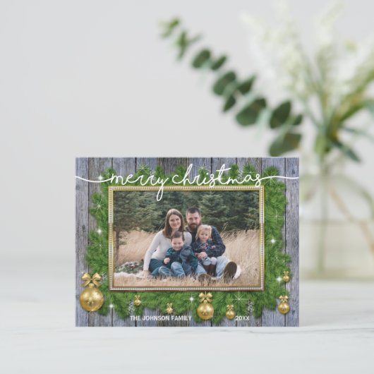 Rustiek Goud Kerst Familie Portret FOTO Feestdagenkaart (Staand voorkant)