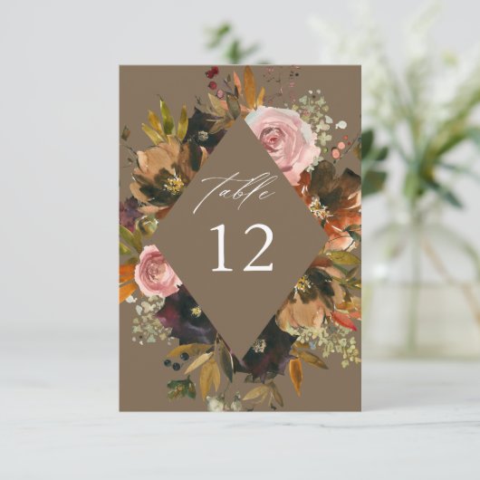 Rustiek Goud, Paarse en Roze Bloemen T Tafelnummer (Staand voorkant)