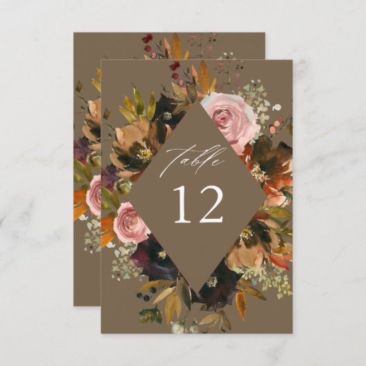 Rustiek Goud, Paarse en Roze Bloemen T Tafelnummer (Voorkant / Achterkant)