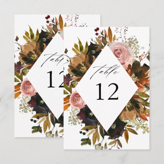 Rustiek Goud, Paarse en Roze Bloemen W Tafelnummer (Voorkant / Achterkant)