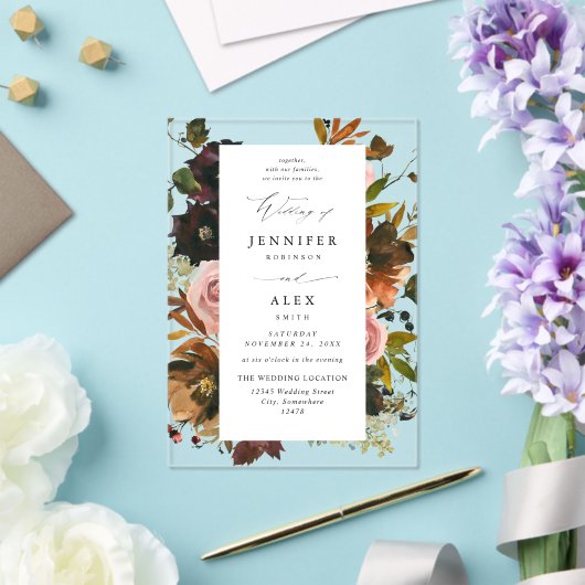 Rustiek Goud, Paarse & Roze Bloemen 4 Acryl Uitnodigingen (Insitu (Huwelijk))