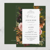 Rustiek Goud, Paarse & Roze Bloemen 4-Groen Huweli Kaart (Voorkant / Achterkant)