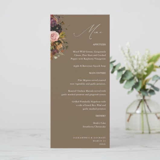 Rustiek Goud, Paarse & Roze Bloemen 4 Taupe Tall Menu (Staand voorkant)