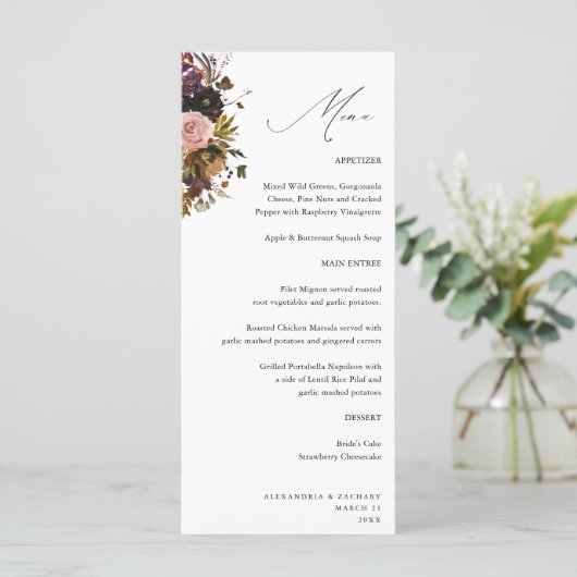 Rustiek Goud, Paarse & Roze Bloemen 4 Wit Tall Menu (Staand voorkant)