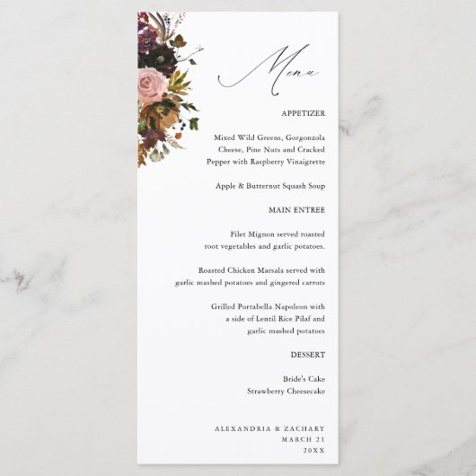 Rustiek Goud, Paarse & Roze Bloemen 4 Wit Tall Menu (Voorkant)