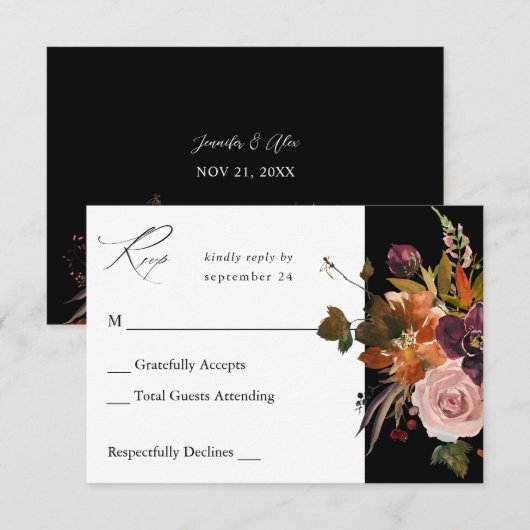 Rustiek Goud, Paarse & Roze Bloemen Geen Maaltijd- RSVP Kaartje (Voorkant / Achterkant)