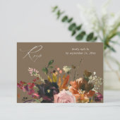 Rustiek Goud, Paarse & Roze Bloemen met Maaltijd V RSVP Kaartje (Staand voorkant)