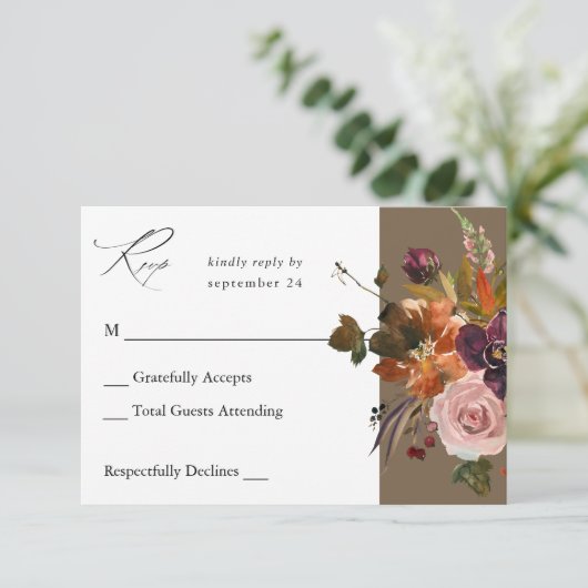 Rustiek Goud, Paarse & Roze Bloemen no Meal-Taupe  RSVP Kaartje (Staand voorkant)