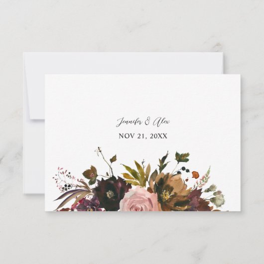 Rustiek Goud, Paarse & Roze Bloemen no Meal v2 RSVP Kaartje (Achterkant)