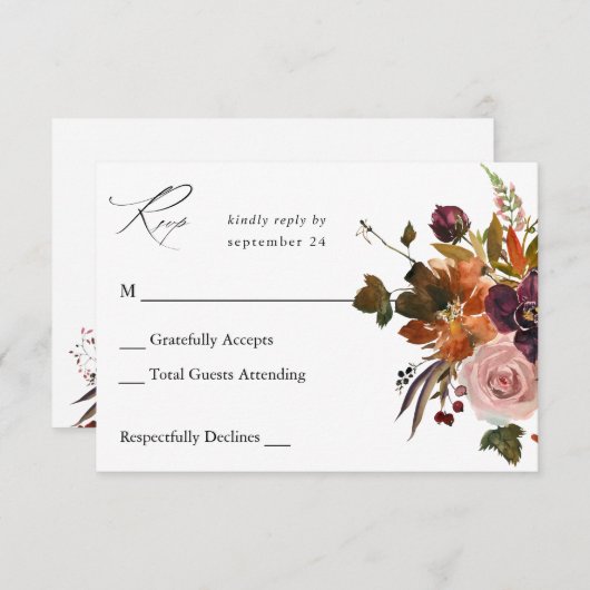 Rustiek Goud, Paarse & Roze Bloemen no Meal v2 RSVP Kaartje (Voorkant / Achterkant)