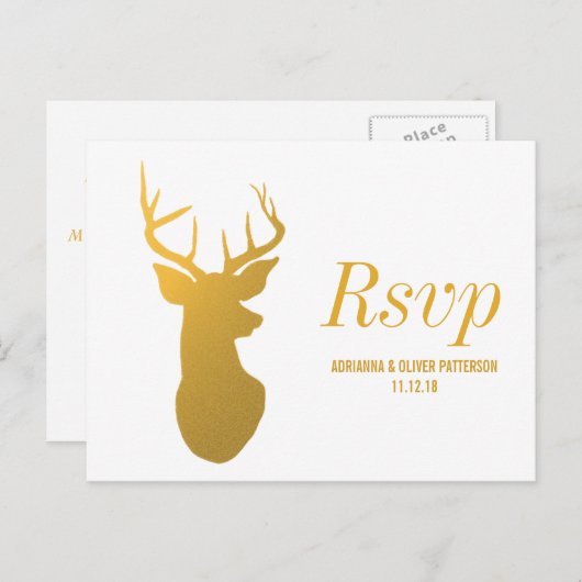 Rustiek Goud Rendier / Antler Wedding RSVP Uitnodiging Briefkaart (Voorkant / Achterkant)