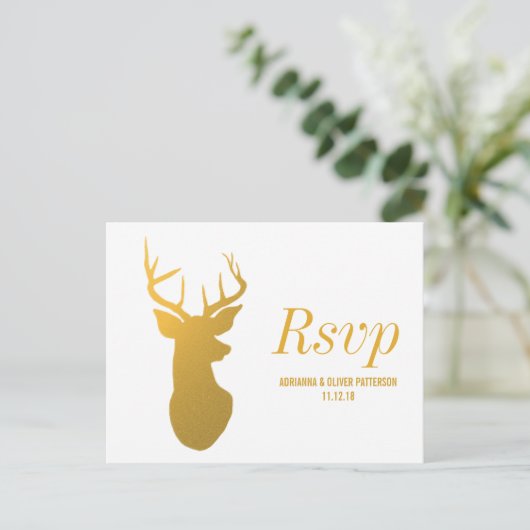 Rustiek Goud Rendier / Antler Wedding RSVP Uitnodiging Briefkaart (Staand voorkant)