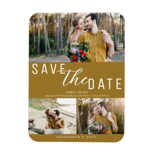 Rustiek Goud Save the Date Bruiloft 3 Foto's Magneet (Verticaal)