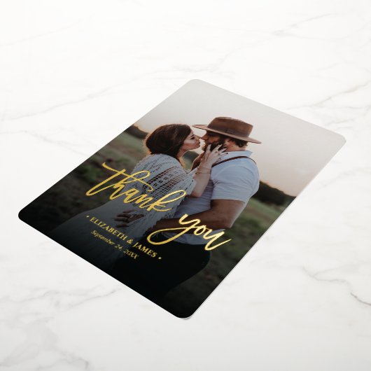 Rustiek Goud Script Foto Dank u bruiloft Folie Uitnodiging (Gedraaid)