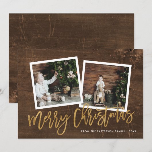 Rustiek Goud Script Merry Christmas 2 Foto Feestdagenkaart (Voorkant / Achterkant)