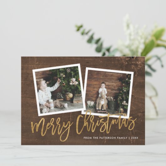 Rustiek Goud Script Merry Christmas 2 Foto Feestdagenkaart (Staand voorkant)