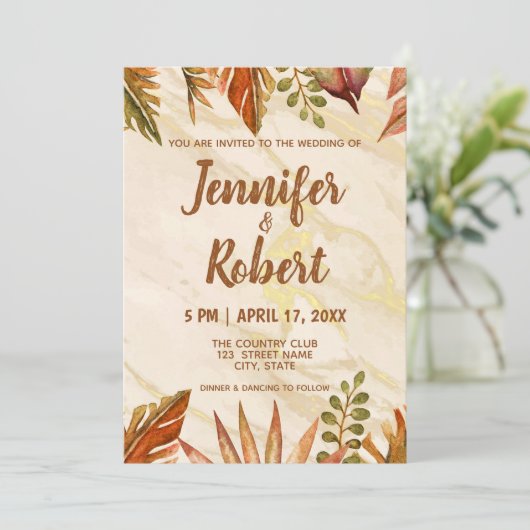 Rustiek Goud Tropisch Marmer Bruiloft Uitnodiging (Staand voorkant)