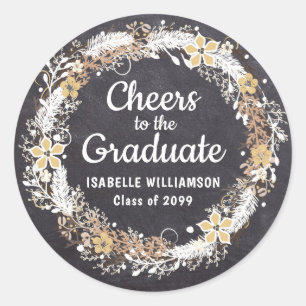 Rustiek Goud Wit Bloemen Chalkboard Afstuderen Ronde Sticker