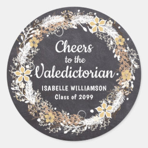 Rustiek Goud Wit Bloemen Chalkboard Valedictorian Ronde Sticker