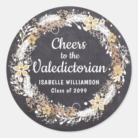 Rustiek Goud Wit Bloemen Chalkboard Valedictorian Ronde Sticker (Voorkant)