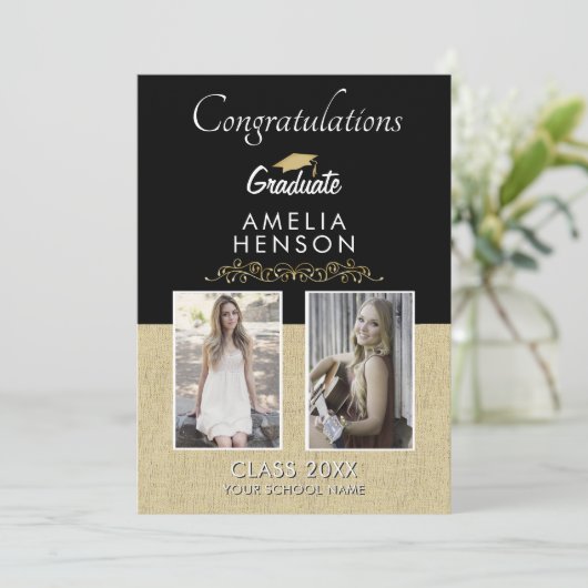 Rustiek Goud Zwart Afstuderen 2 Foto Afstuderen Kaart (Staand voorkant)