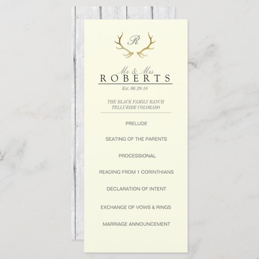 Rustiek Gouden gewei | Elegante bruiloft Rackcard Programmakaart (Voorkant / Achterkant)