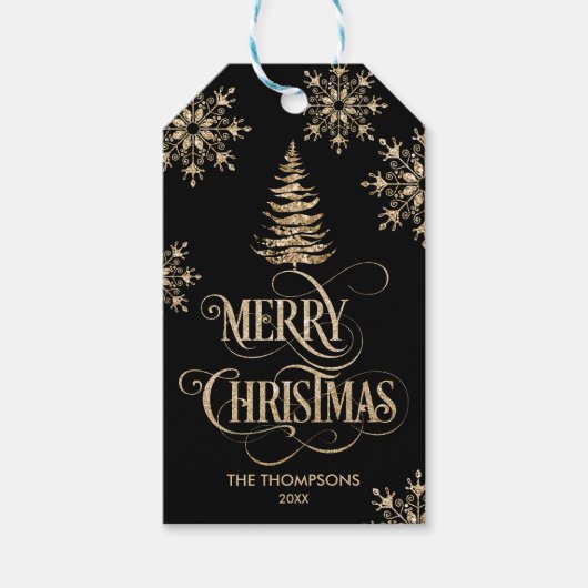 Rustiek Gouden Glitter Kerstboom Vrolijk Kerstfees Cadeaulabel (Voorkant)