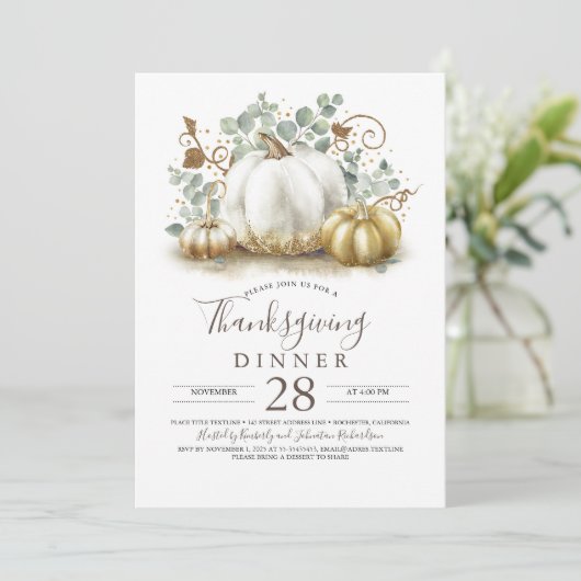 Rustiek Gouden Glitter Pompoenen Thanksgiving Dine Kaart (Staand voorkant)