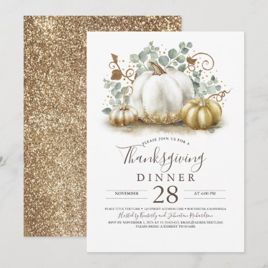 Rustiek Gouden Glitter Pompoenen Thanksgiving Dine Kaart (Voorkant / Achterkant)