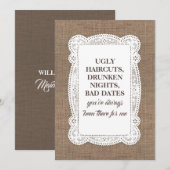 Rustiek Grappig Bruidsmeisje / Maid of Honor Voors Kaart (Voorkant / Achterkant)