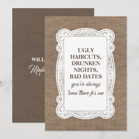 Rustiek Grappig Bruidsmeisje / Maid of Honor Voors Kaart (Voorkant / Achterkant)