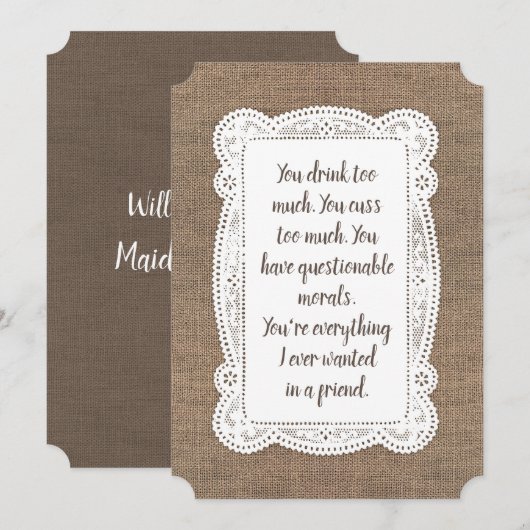 Rustiek Grappig Bruidsmeisje / Maid of Honor Voors Kaart (Voorkant / Achterkant)