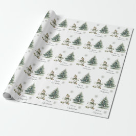 Rustiek Green Gold Cream Sneeuwman Kerstbomen Cadeaupapier