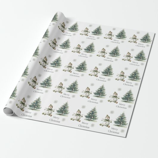 Rustiek Green Gold Cream Sneeuwman Kerstbomen Cadeaupapier (Uitgerold)