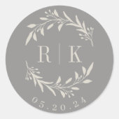Rustiek Grijs Botanische Krans Trouwmonogram Ronde Sticker (Voorkant)