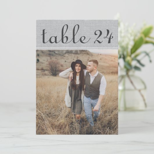 Rustiek Grijs Bruiloft Foto Tafelnummer (Staand voorkant)