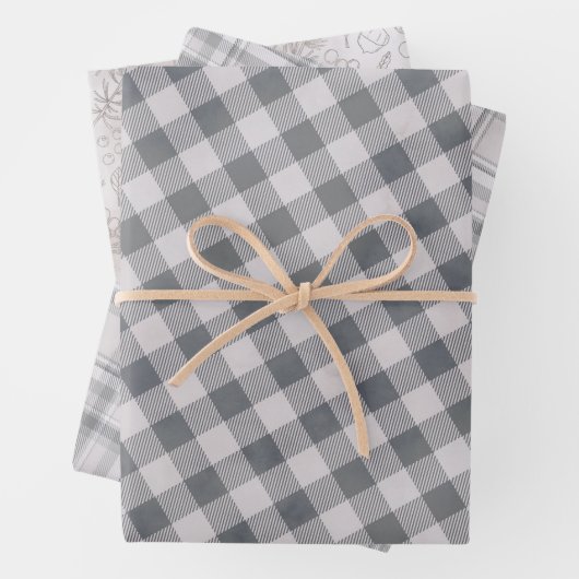 Rustiek grijs geplakt en drie bijpassende patroon inpakpapier vel (In situ)