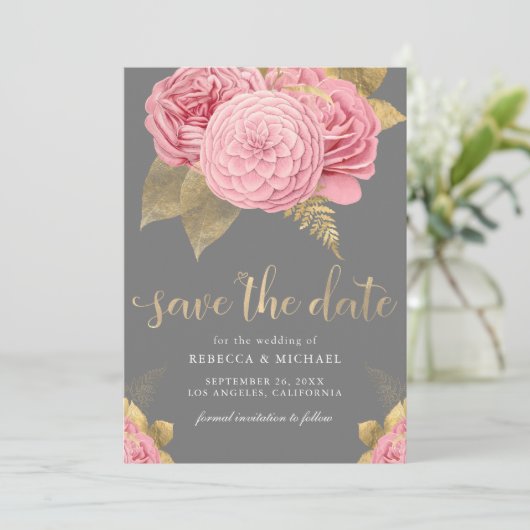 Rustiek Grijs Goud Stoffig Roze Bloemen Huwelijk Save The Date (Staand voorkant)