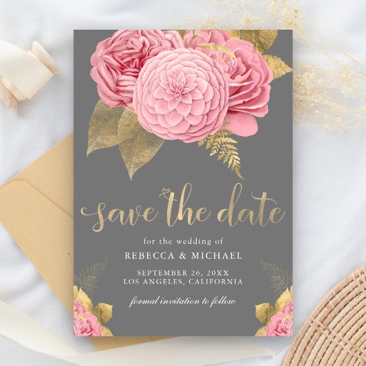 Rustiek Grijs Goud Stoffig Roze Bloemen Huwelijk Save The Date